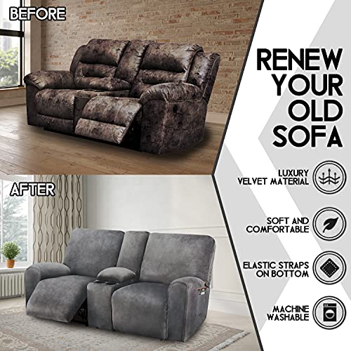 ULTICOR Dark Grey Velvet Reclining Loveseat Cover with Middle Console, 8-Piece Sofa Slipcover, Washable & Soft