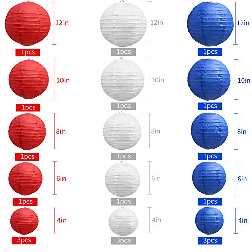 BEISHIDA Red Blue White Paper Lanterns 4/6/8/10/12 Inch Round Set (Color Trio)