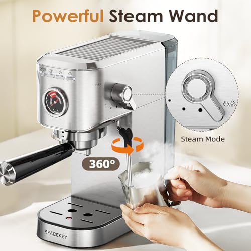 Spacekey Silver Espresso Machine with Milk Frother, 20 Bar Compact Coffee Maker for Home, 39oz Water Tank, Fast Heating