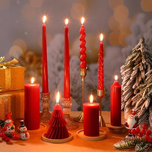 Nuanchu 8 Pcs Christmas Spiral Taper Candles Smokeless, Red