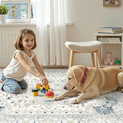 befbee 8x10 Beigeblue Washable Area Rug Stain-Resistant Non-Slip Living Room Carpet