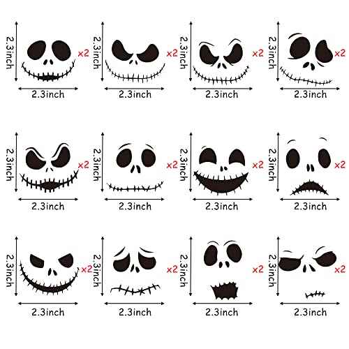 24pcs Halloween Christmas Ornaments Decal Jack and Sally Black Vinyl Ornaments Stickers and Fun Family Crafts Halloween Cartoon Skull Inspired Face Stickers Xmas Party Window Art Decal