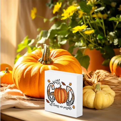 Fall Decor With God All Things Are Possible Christian Pumpkin Western Bible Verse Wooden Box Sign Positive Leopard Farmhouse Desk Decoration Rustic Thanksgiving Harvest Autumn Leaves Decor for Home Office