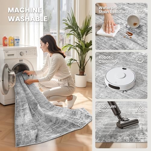 Grey 8x10 Abstract Area Rug with Non-Slip Backing, Washable and Stain-Resistant
