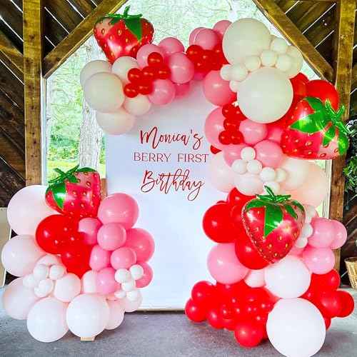 8PCS Gaint Strawberry Balloon Kit, Reusable Cute Strawberry Aluminum Foil Balloons with Straw and Ribbon, For Berry Sweet Birthday Party Decoration Weddings Baby Shower Supplies