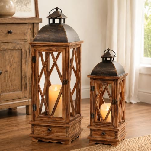 Rustic Wooden Candle Lanterns Set of 2 - Farmhouse Indoor & Outdoor Decor
