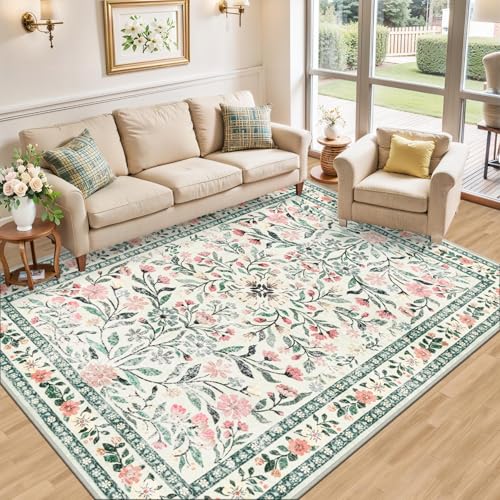PLHXFR 8x10 Green Beige Floral Washable Area Rug for Living Room