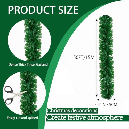 50Ft Green Christmas Garland Decorations,Xams Greenery Tinsel Stems