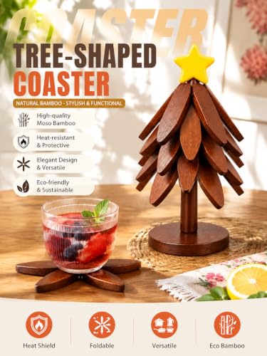 KOWINDA Brown-Star Christmas Tree Trivet Set with Stand – 5 Foldable Wooden Heat-Resistant Tree Coasters
