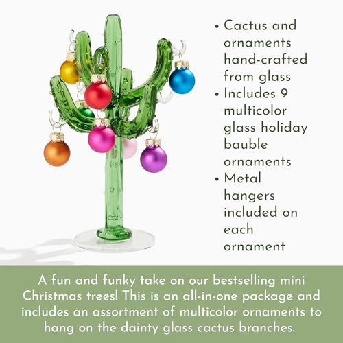 Red Carpet Studios 7" Mini Glass Cactus Tree with 9 Multicolor Ornaments - RCS Gifts