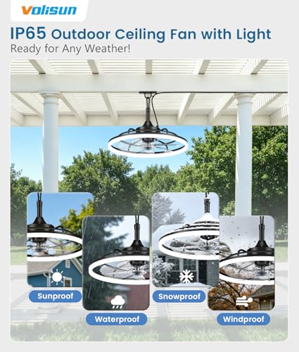 VOLISUN Black 19.7-Inch Outdoor Ceiling Fan with Light, Dimmable, Weatherproof, Remote & App Control