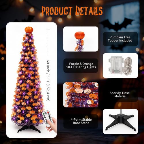 WOKEISE 5FT Purple-6 Halloween Pumpkin Tree with Remote Timer & LED Lights