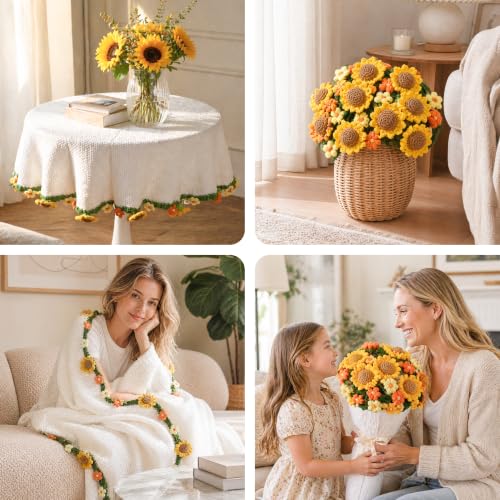 Sunflowers Crochet Blanket - 43 Inch Yellow Sunflower Throw with Floral Bouquet Design