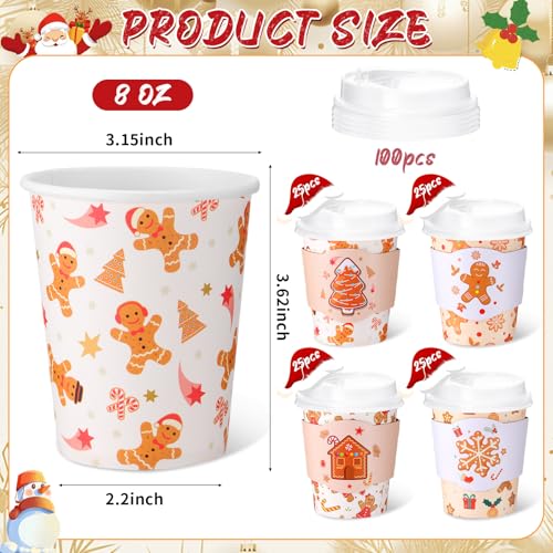 Mimorou 8 oz Christmas Disposable Coffee Cups with Lids & Sleeves, 100 Pack