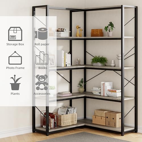 Corner Bookshelf 5-Tier L-Shaped Bookcase - Grey, Large Storage