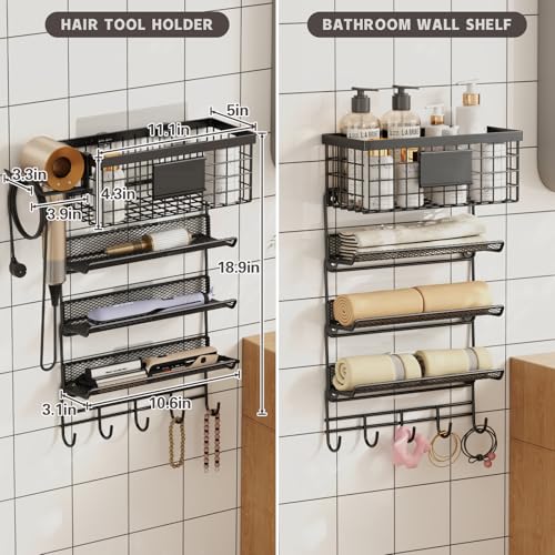 Magheo Black Wall Mount Hair Dryer Holder with 5-Tier Storage Shelf & Hooks – Bathroom Organizer