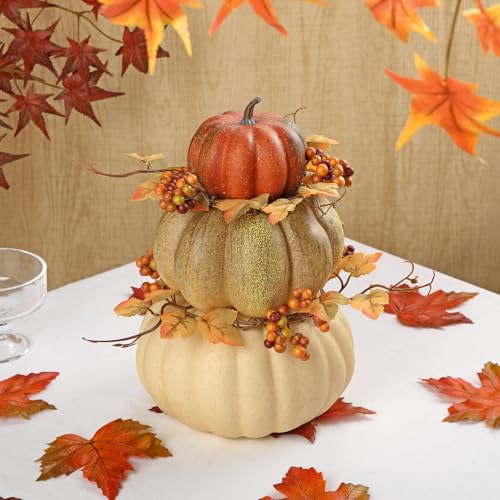 Artificial Pumpkin Fall Décor - Autumn Table Centerpiece with Faux Berries & Maple Leaves - Color #4