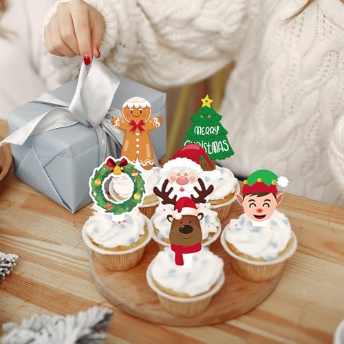 73pcs Christmas Cupcake Toppers Picks Set for Christmas Tree Snowman Santa Claus gingerbread Man Reindeer Elf Theme Holiday Xmas Party Appetizers Cake Decorations Supplies
