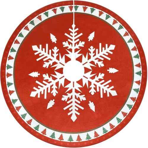 MACTING Christmas Tree Skirt, 30 Inch Round Red Polyester Christmas Tree Skirts with Big Snowflake and Christmas Tree Printed for Holiday Party Rustic Xmas Tree Decoration