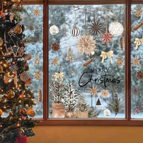 Horaldaily 45 PCS Christmas Window Cling Sticker, Brown Xmas Trees Ball Ornaments for Home Party Supplies Shop Window Glass Display Decoration