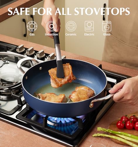 12-Inch Deep Frying Pan with Ceramic Nonstick Coating - 5.5 Quart Blue Saute Pan