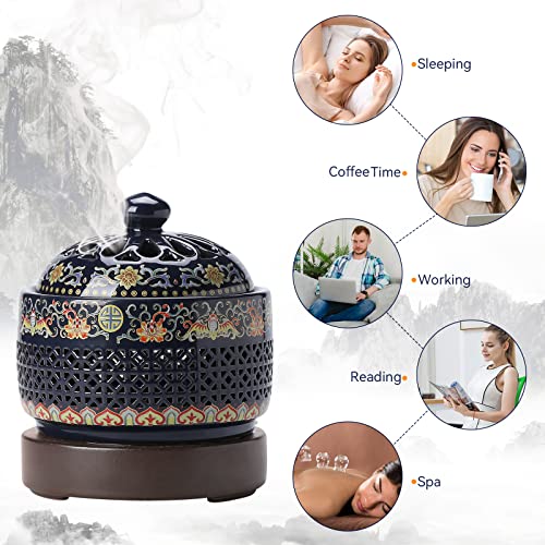 Electric Ceramic Incense Burner with LED Flames, Elegant Enamel Design