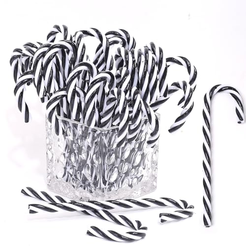 32Pcs Christmas Candy Cane Hanging Ornaments Black and White Christmas Tree Hanging Decorations Plastic Twisted Crutch Ornaments for Xmas Crafts Indoor Outdoor Decor(15cm No Holes)