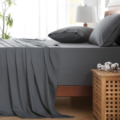 HYPREST Queen Sheet Set - Extra Deep Pocket 100% Cotton, Grey Luxury Cooling Sheets for 18"-24" Mattresses