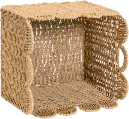 Set of 4 Scalloped Wicker Storage Cubes - 13x13x13in Khaki, Heavy Duty Paper Rope Baskets for Shelves, Bathroom, Bedroom, Laundry, Pantry