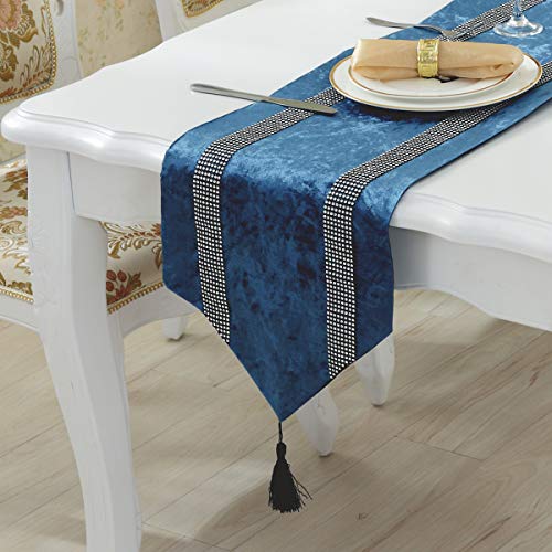 San Tungus 13x72 Inch Blue Bilateral Rhinestone Table Runner with Diamante Strip & Tassels