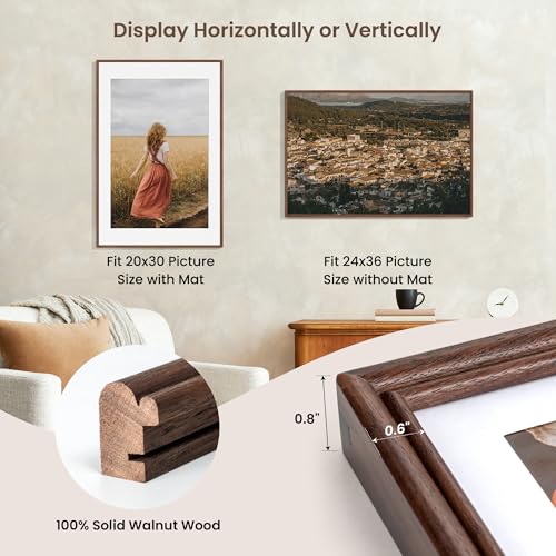 American Black Walnut Wood Poster Frame 24x36 - Natural Finish with Tempered Glass