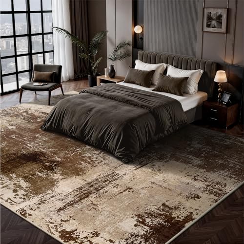 A-Brown 8x10 Modern Abstract Low Pile Washable Rug - Non Slip Large Floor Carpet for Living Room Bedroom