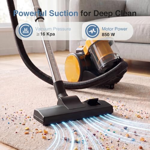 Canister Vacuum Cleaner 850W 16Kpa Bagless with HEPA Filter, 13.15x9.45x11.73 Inches - Yellow