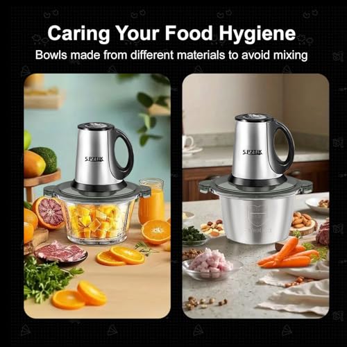Electric Food Processor with Dual 8-Cup Stainless Steel & Glass Bowls - 3-Speed, Quiet Kitchen Chopper & Grinder