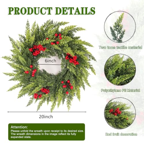 FJAKA 20in Christmas Wreath with Red Berries - Front Door Decor, Indoor/Outdoor, Norfolk Pine Accent