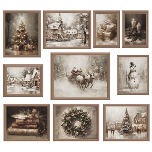 Whaline 10-Piece Christmas Wall Art Prints Set – Vintage Rustic Snowman Santa Trees Posters