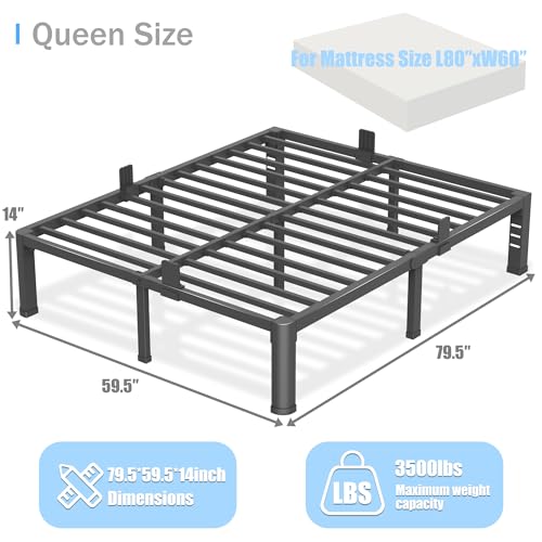 Yitong Angel 14 Inch Queen Bed Frame with Round Corner Legs & Headboard Holes Heavy Duty Steel Platform, No Box Spring Needed