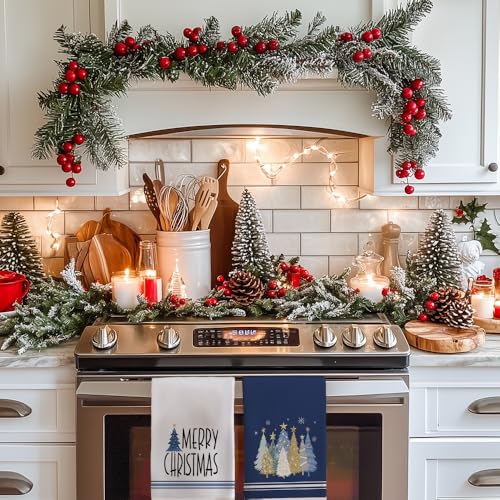 Blue Christmas Kitchen Towels Set of 2 - 18x26 Inch Holiday Dish Towels