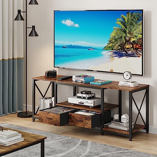 Rustic Brown TV Stand with Fabric Drawers - 55.1-inch Entertainment Console with Open Shelves