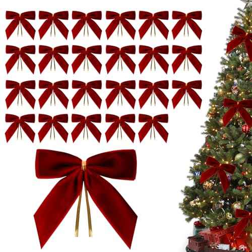 24 Pcs Christmas Bows,Burgundy Red Velvet Bows for Christmas Tree,Twist Tie Bows for Gift Wrapping,Wreath,Crafts,Home,Wedding,Party Decor,Small Christmas Decorations(8.9¡¿8.9 cm)