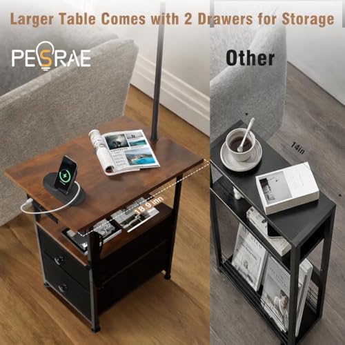 PESRAE Rustic Brown Floor Lamp with Table & 2 Drawers, USB Charging Station