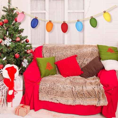 Christmas Felt 3D Light Bulbs Garland, Christmas Decorations for Home, Felt Light Bulbs Garland and Wood Bead for Christmas Decor, Christmas Banner for Mantle Christmas Party Supplies Home Wall Decor
