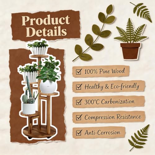 Indoor 5-Tier Plant Stand with Wheels - Brown Wooden Tall Flower Rack