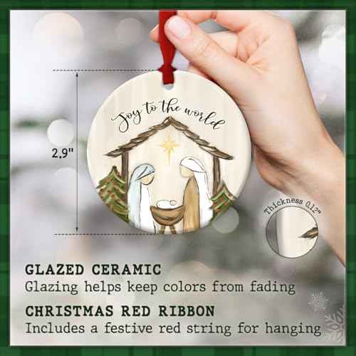 Christmas Nativity Scene Ornament - Joy to The World Xmas Decorations - Christian Ceramic Ornament for Tree, for Religious Men & Women