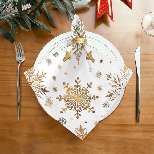 Christmas Snowflakes Cloth Napkin Set of 6 Gold White Reusable Holiday Table Linen