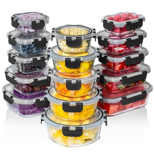 Razab 30-Piece Glass Food Storage Containers Set with Black Lids - Leakproof & Oven Safe