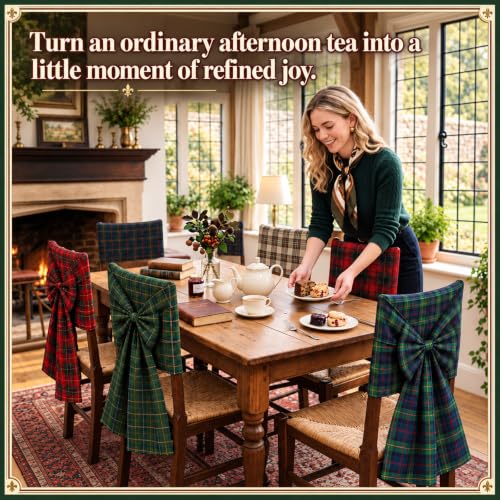 Breling 6 Pcs Christmas Bow Chair Back Covers Tartan Plaid Old Money Style