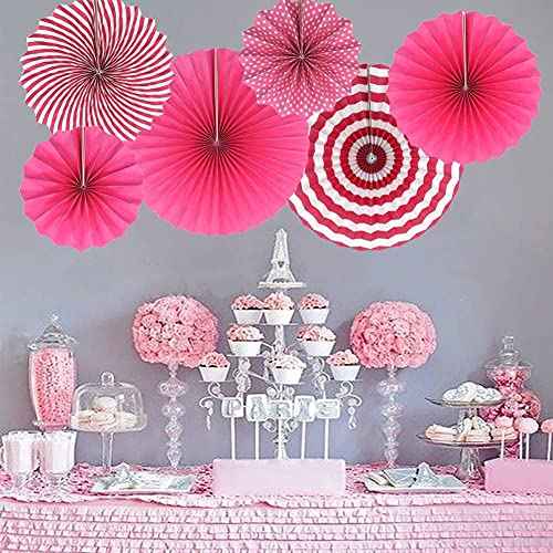 6 Pcs Decoration Hanging Party Hot Pink Paper Fans Set for Birthday Wedding Graduation Events Accessories