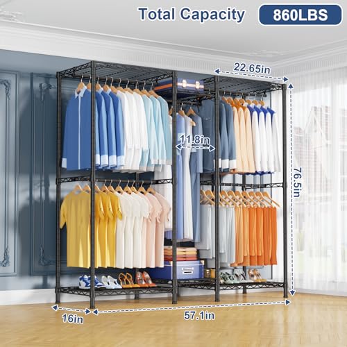 Ulif E12 Heavy Duty Black Clothes Rack with Shelves - 86Lbs Capacity, Adjustable, Freestanding Garment Organizer