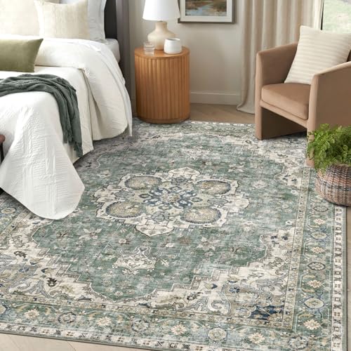 6x9 Sage Green Oriental Area Rug for Living Room & Bedroom - Distressed Pattern